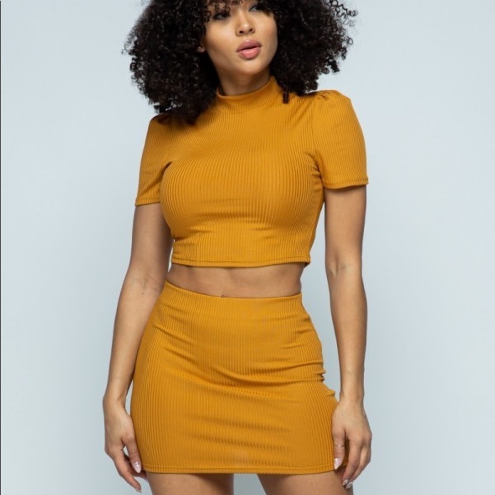 Mustard Crop Top Mini Skirt Two Piece Set